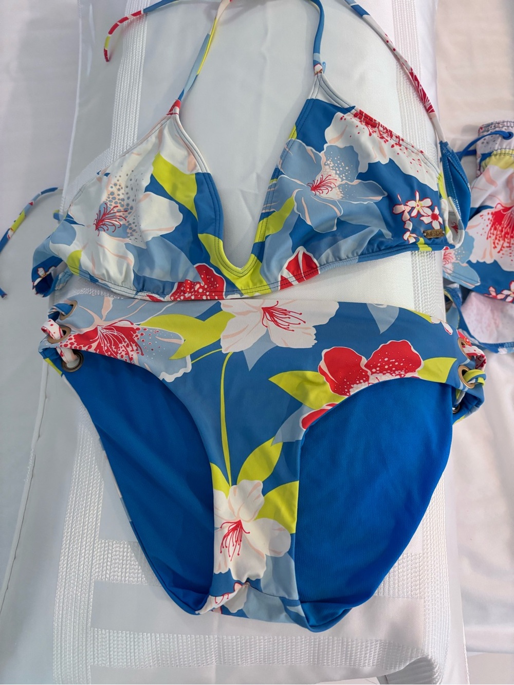 Roxy Blue Floral Print Triangle Bikini with Lime Accents